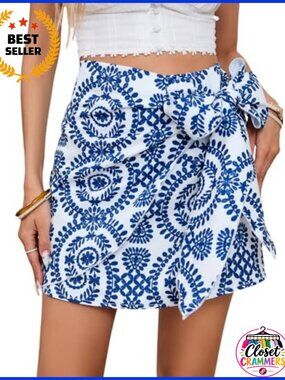Women's Boho Wrap Mini Skirt High Waisted A-Line Knot Side